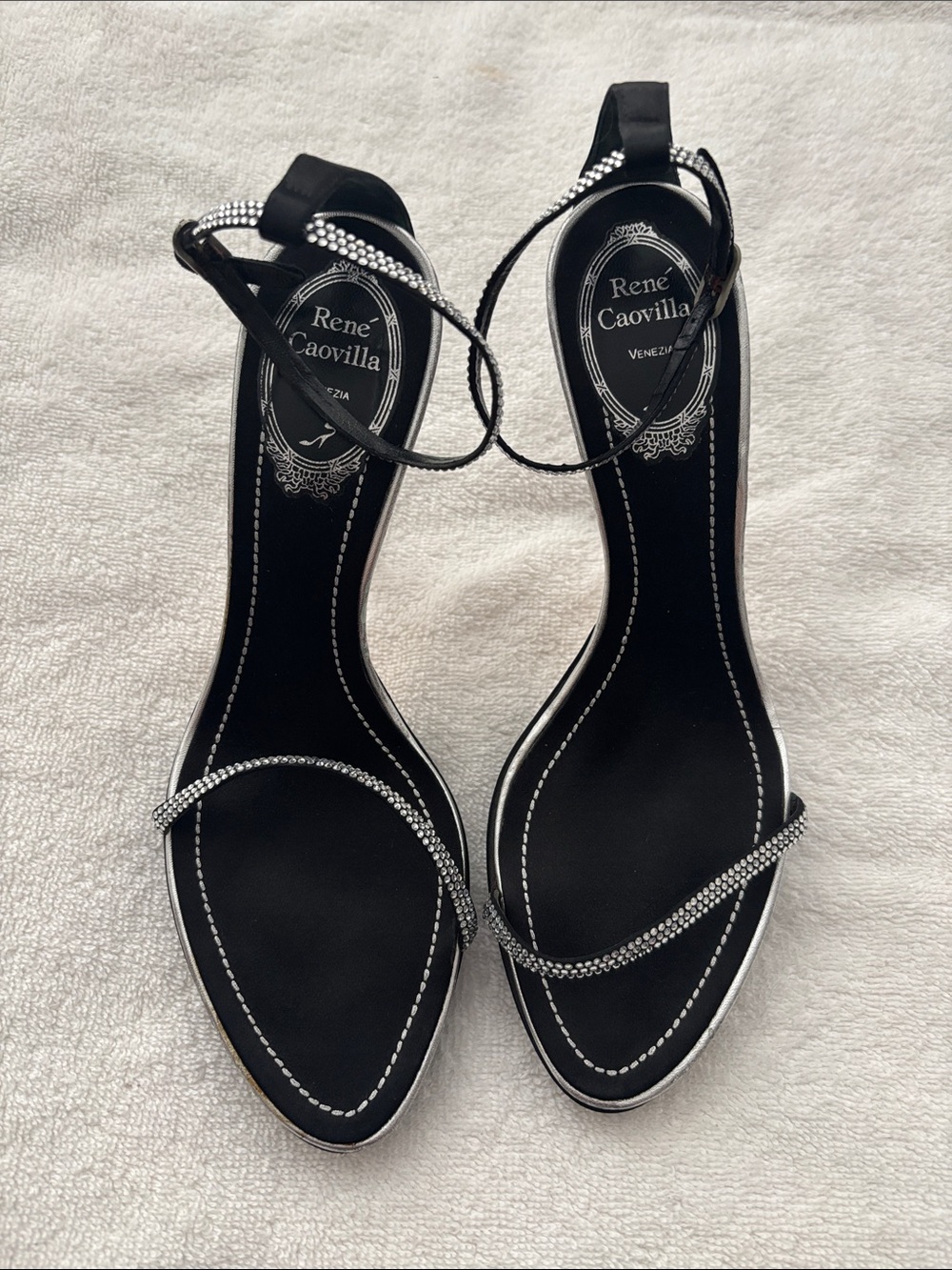 Rene Caovilla Satin Rhinestone Strappy Heels - Picture 7 of 17